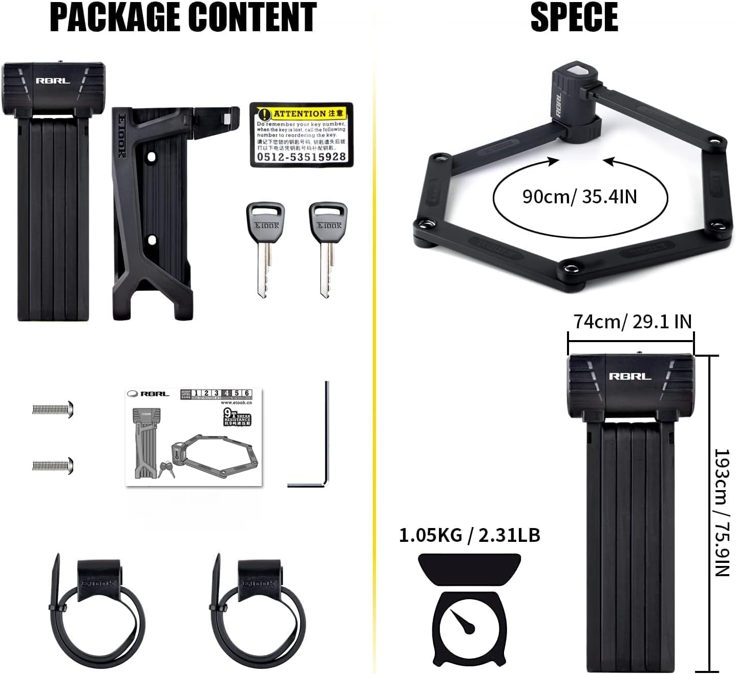 RBRL Compact Folding Bike Lock - Bike Locks Heavy Duty Anti Theft- High Security Bicycle Lock