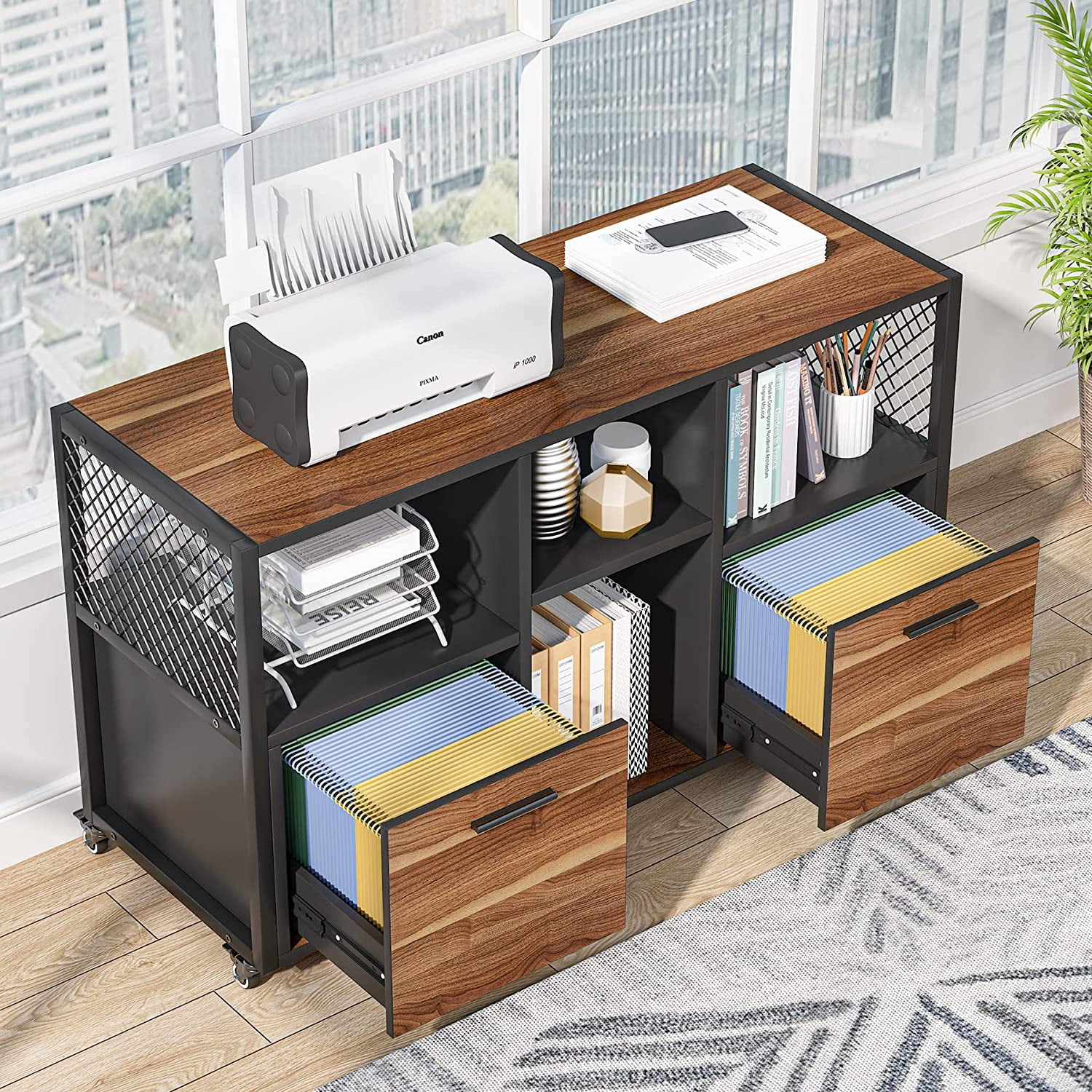Baiyihang 2 Drawer Wood File Cabinets, Modern Mobile Lateral Filing Cabinet,  Rustic Brown