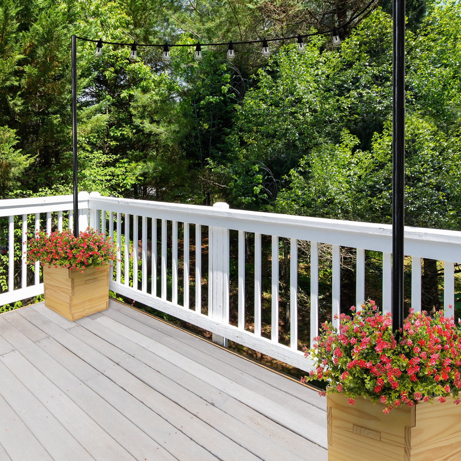 Excello Global Products Wooden Planter Box Set with 10' String Light Pole - 14"x14", Ready to Assemble.
