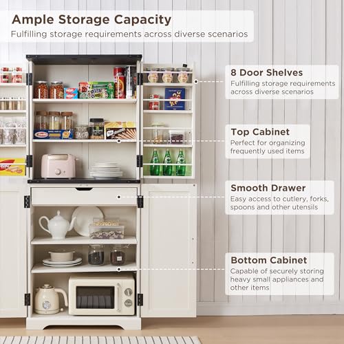 72" Tall Kitchen Pantry, Farmhouse Storage Cabinet with Barn Doors, Organizer, Drawer and Adjustable Shelves, Rustic Wood Cupboard for Kitchen