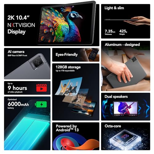 TCL TAB 10 Gen 2, 10.4" Wi-Fi Android Tablet 128GB, 2K Full HD Screen, 6000mAh Battery, Android 13, Slim Design, 2023 Release, US Version, Space Gray