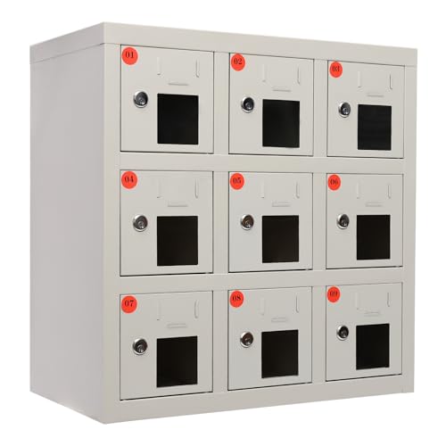 Cell Phone Locker 9 Bays Cell Mobile Phone Steel Locker with Charger Charging Station Cabinet and Key Lock for Classroom and Employees