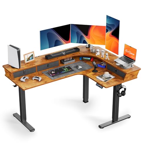 ErGear Electric L Shaped Standing Desk, 65'' Height Adjustable Corner Stand up Desk with Storage Drawers & Cable Management Trays