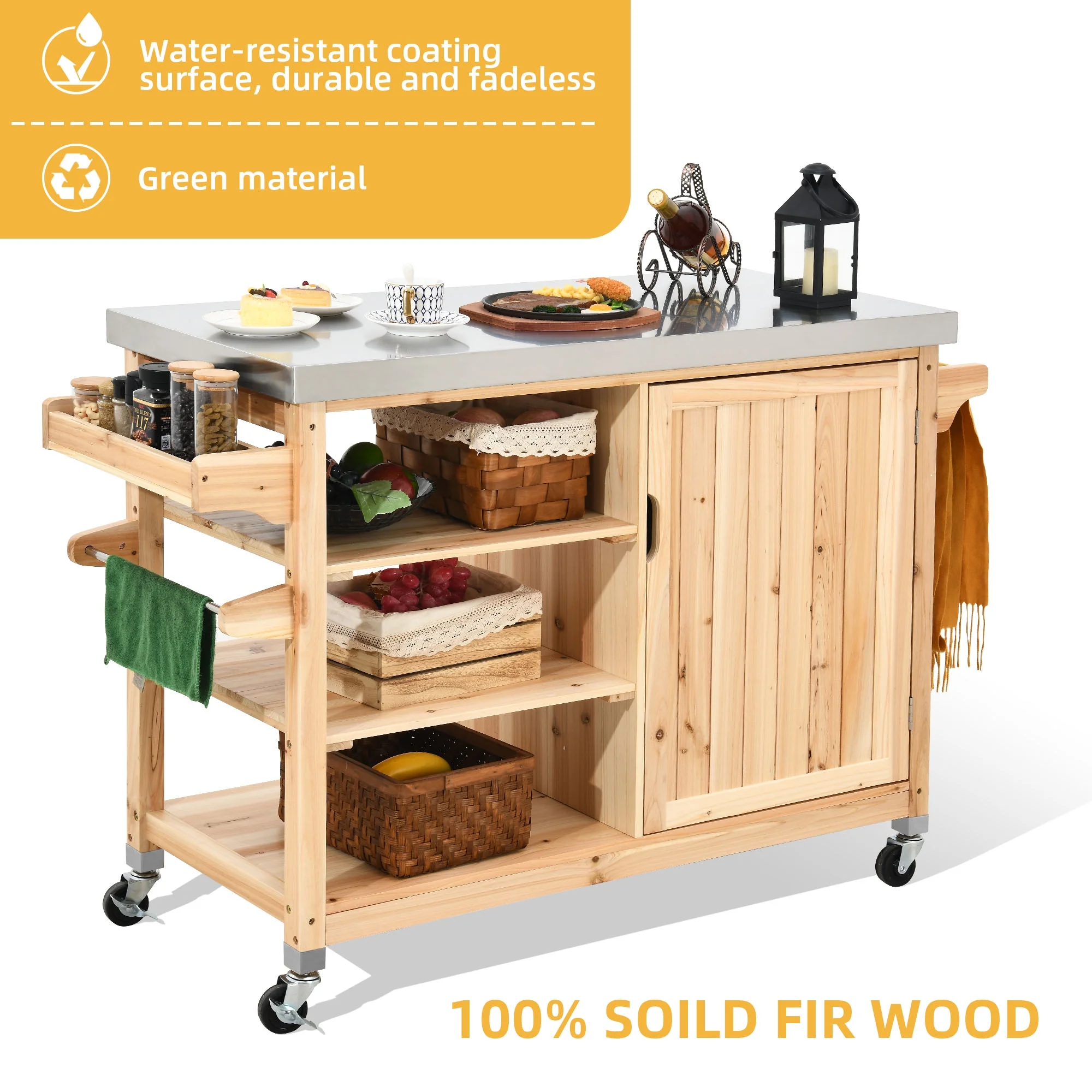 DWVO Outdoor Table and Storage Cabinet Solid Wood Movable Grill Table with Stainless Steel Top for Outside Patio Kitchen Island or Bar Cart