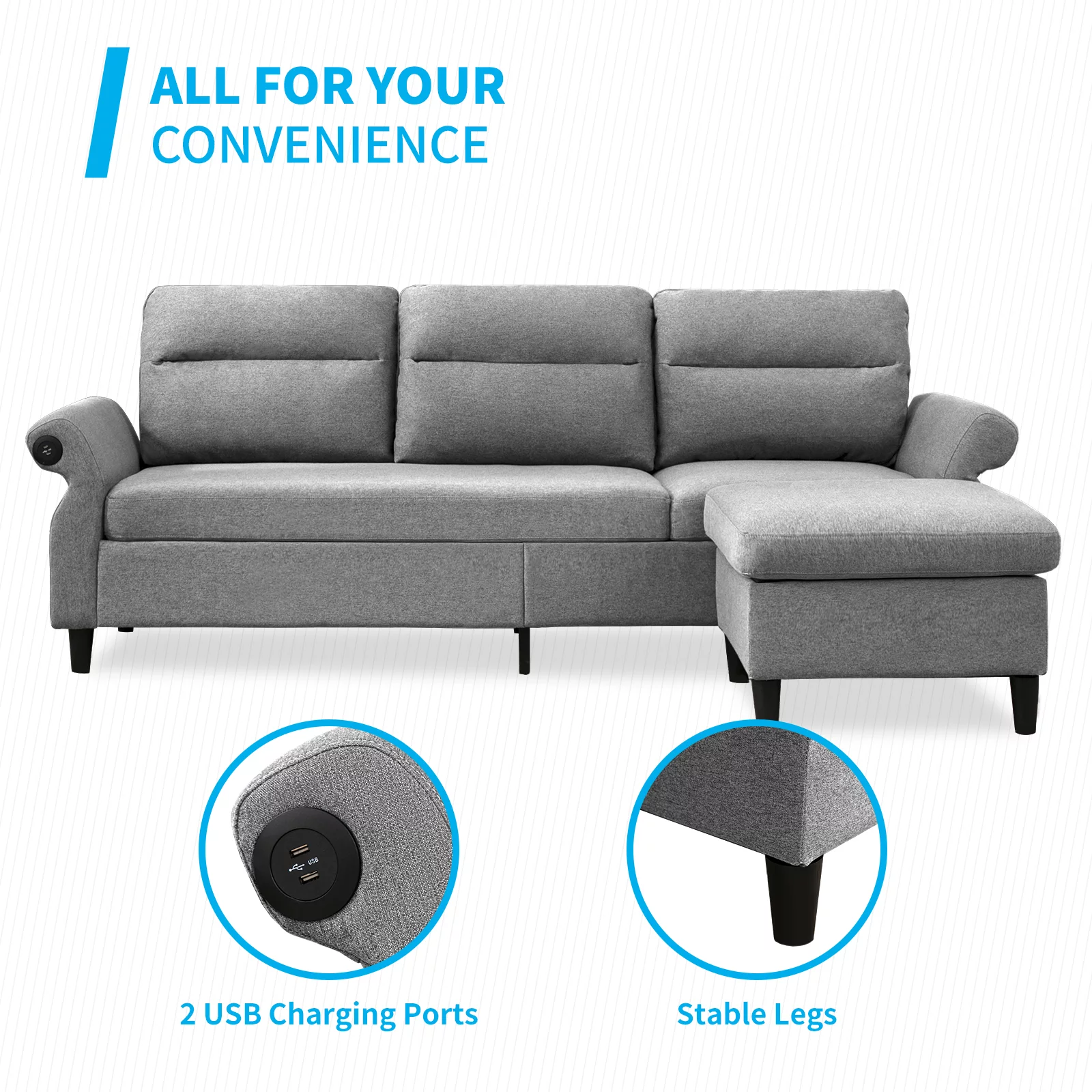 Mjkone Modern 88" W Convertible Sectional Sofa Couch with 2 USB Ports and Adjustable Armres,3 Seat L-Shape Sofa Couch with,Ottoman for Living Room