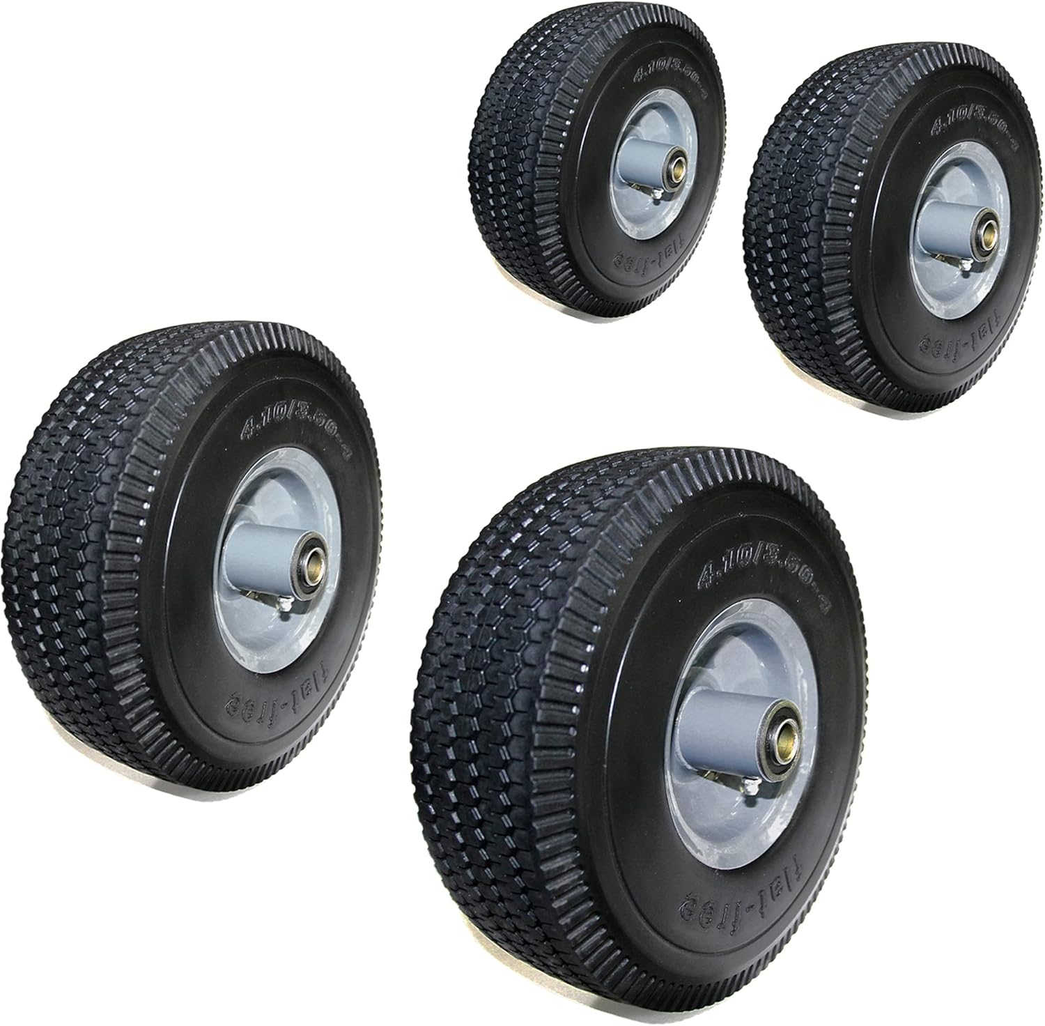 10” Flat Free Tires Heavy Duty 4 Pack, 4.10/3.50-4 Solid Rubber Tire with 5/8” Bearings