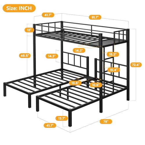Heavy Duty Triple Bunk Bed, Twin Over Twin Over Twin with Guardrails and Ladder, Metal Bunk Bed for 3, 3 Bed Teens and Adults, No Box Spring Needed
