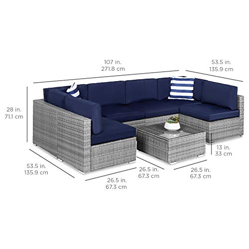Best Choice Products 7-Piece Modular Outdoor Sectional Wicker Patio Conversation Set w/ 2 Pillows, Coffee Table, Cover Included - Gray/Navy