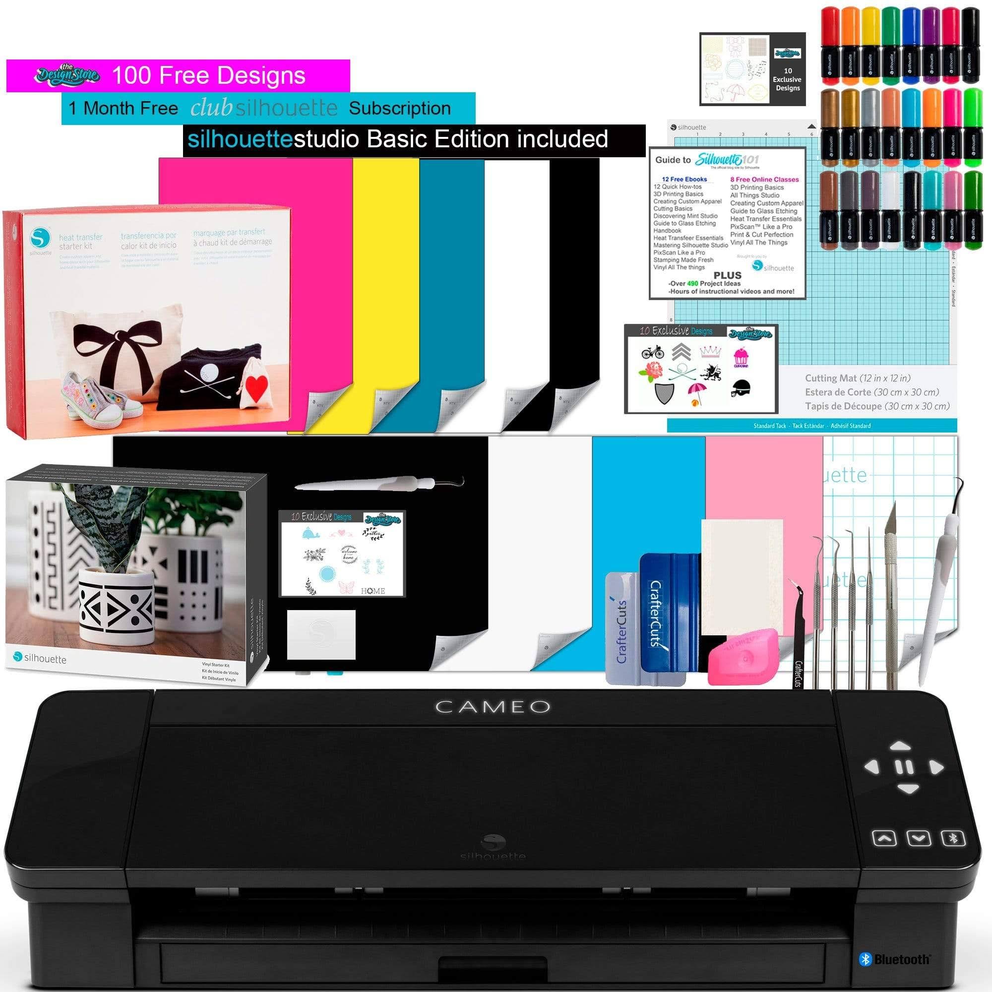 Silhouette Cameo 4 Black Bundle with Vinyl Starter Kit, Heat TRANSFER Starter Kit, 2 Autoblade-2, 24 Pack of Pens, CC Vinyl Tool