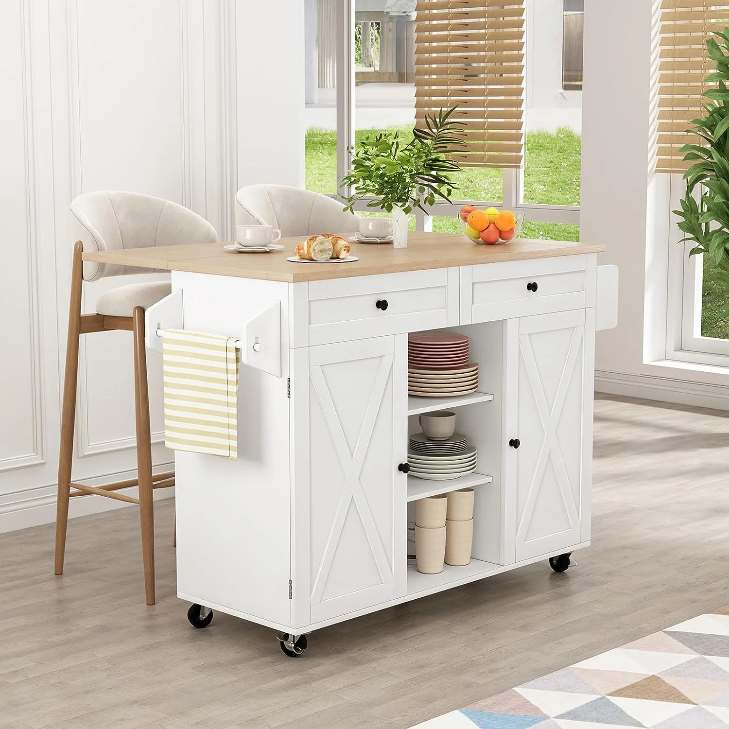 HLR Kitchen Island on Wheels, Kitchen Island with Storage&Drop Leaf, Island Table for Kitchen，White