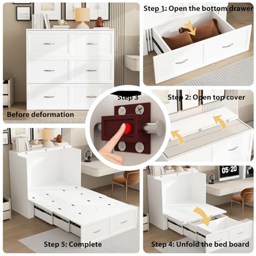 FAMAPY Twin Murphy Bed with Built-in Charging Station, Space-Saving Murphy Bed Chest Twin with Drawer, Foldable