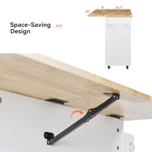 53.5''Farmhouse Kitchen Island with Power Outlet, Kitchen Storage Island with Drop Leaf, Spice Rack and Drawer, Rolling Kitchen Cart on Wheels