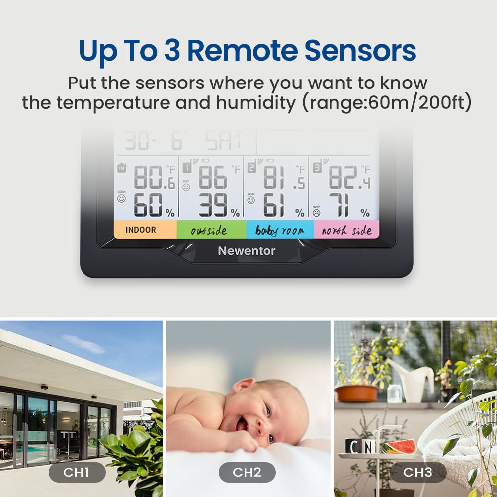 Newentor Weather Station Wireless Indoor Outdoor Multiple Sensors, Outdoor Thermometer Hygrometer with Atomic Alarm Clock