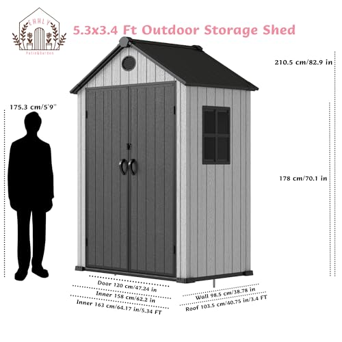4.4x6 FT Resin Outdoor Storage Shed, 230 Cuft Garden Tool Sheds & Outdoor Storage Plastic Shed with Floor