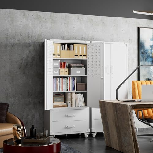 Aobabo 73''H Metal Garage Storage Cabinet with Wheels and Pegboards, 4 Adjustable Shelves Steel Storage Cabinets for Home,Warehouse,Garage