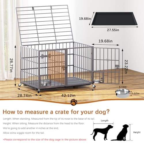 aboxoo 42/48 inch Heavy Duty Metal Dog Crate for 2 Dogs/Large Dog,All Metal Open Top,Dog Kennel Indoor with Wheels,Floor Grid, Tray