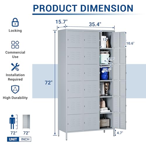72" Metal Locker for Employees 3 Doors Blue Steel Storage Locker for Office, School, Gym - Metal Storage Cabinets for Home, Office, Gym, School