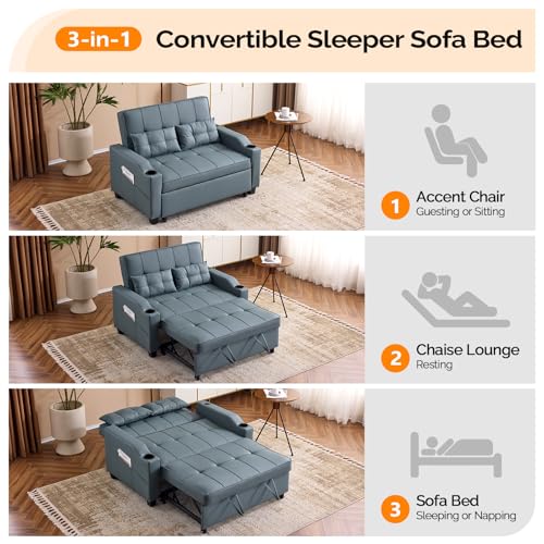 VINGLI Light Green Futon Sofa Bed Convertible Loveseat Sleeper Couch, Faux Leather Pullout Sofa Fold Out Couch Bed with USB Ports, Cup Holders