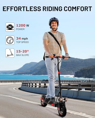 Offroad Electric Scooter with Seat,1200W eScooter for Adults,32 Miles Long Range & 34 Mph Fast Electric Scooters,11" Tires Scooter Height Adjustable