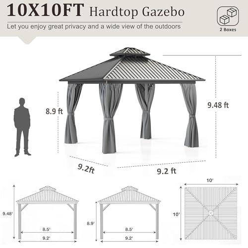 10x10 FT Gazebo Hardtop Gazebo Aluminum Pergola with Aluminum Frame, Double Galvanized Steel Roof