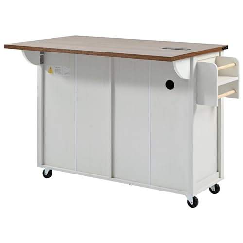 Kitchen Island Cart With Power Outlet, 2 Doors, Drop Leaf, Spice Rack, 2 Drawers - Rolling Storage Cart on Wheels for Home and Dining Room - White