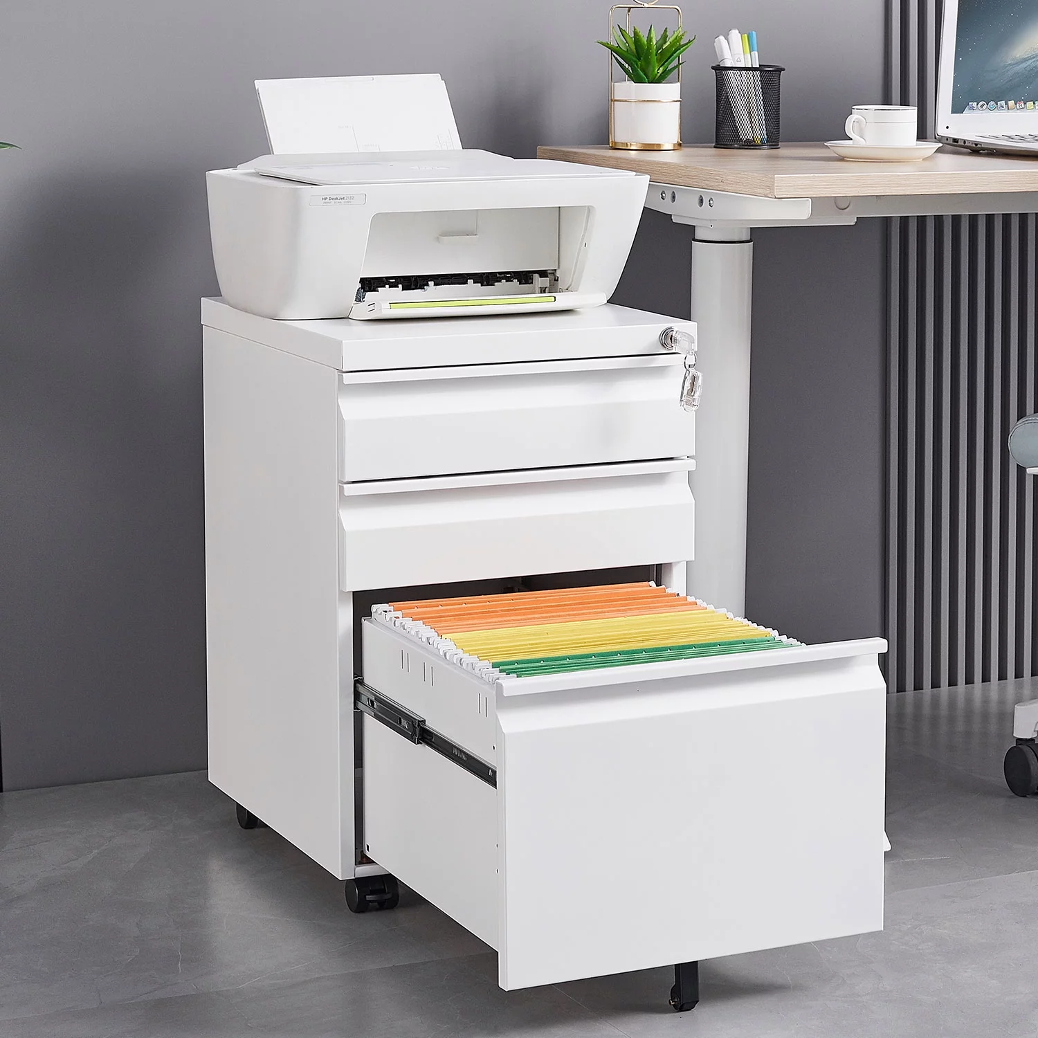 Foorsun 3 Drawer Mobile File Cabinet with Lock Under Desk Metal Filing Cabinet for Hanging Legal/Letter/A4 Size Files Storage Cabinet with Wheels