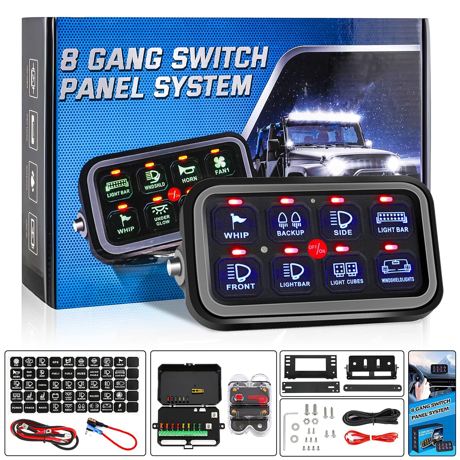 Auxpower 8 Gang Switch Panel Built-in Solid State Relay, Auxiliary Switch Panel for Jeep Truck Car Offroad SUV UTV Caravan, Automatic Dimmable