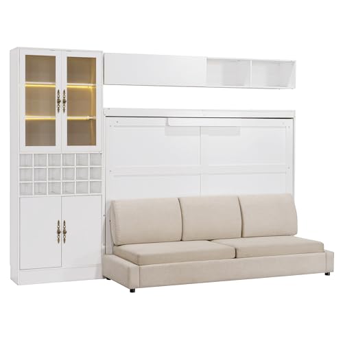 Queen Size Murphy Bed with Sofa, Shelves, USB & Light, Can be Folded Wall Bed and Tall Cabinet with Glass Doors& Wine Rack