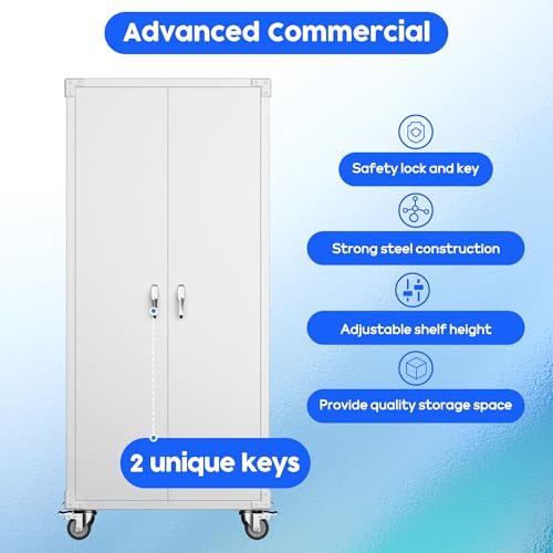 71" Metal Storage Cabinet with Wheels and Pegboard, Lockable Rolling Steel Storage Cabinet with 5 Adjustable Shelves and Door for Garage, Office