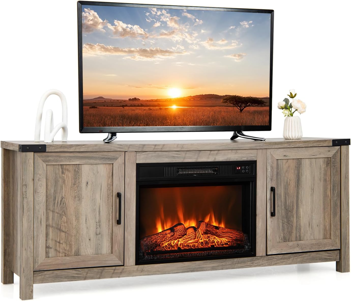 COSTWAY Electric Fireplace TV Stand for TVs up to 70 Inches, Farmhouse Media Entertainment Center Table with Storage Cabinets