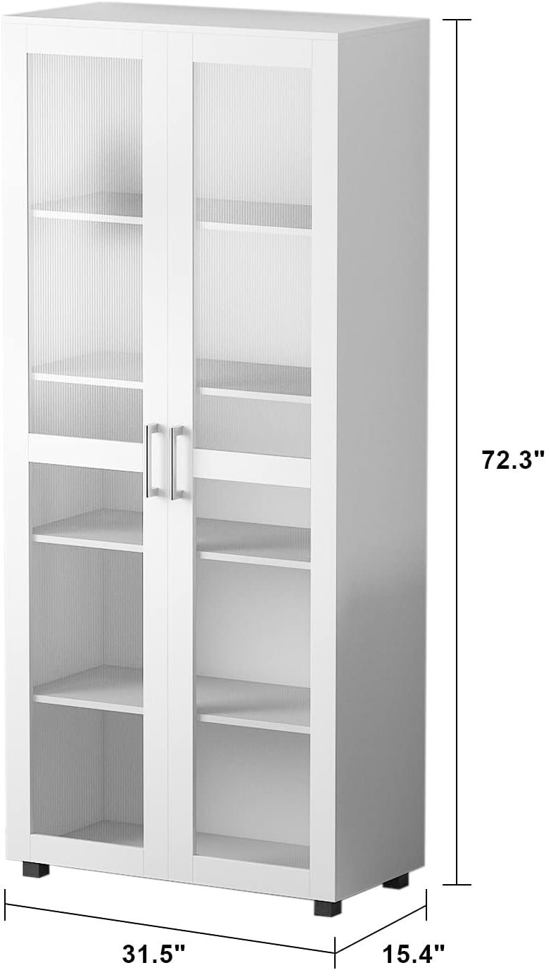 Homsee Bookcase Storage Cabinet with 2 Plastic Glass Doors, 5-Tier Bookshelves Wooden Organizer for Living Room, White (31.5”L x 15.4”W x 72.3”H)