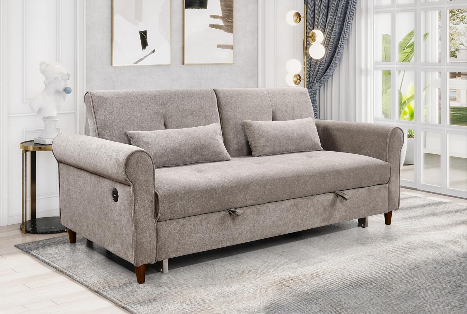 3 in 1 Convertible Sleeper Sofa Bed, Modern Fabric Loveseat Futon Sofa Couch with Pullout Bed,2 Pillows,Small Love Seat Lounge Sofa with Rolled Arm