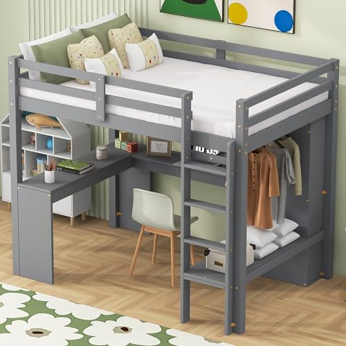 SOFTSEA Full Size Loft Bed with Desk & Wardrobe, Wood Loft Bunk Bed with Storage Shelves and Cabinets