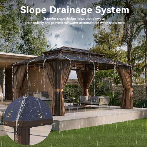 Aoxun 12'x10' Hardtop Gazebo, Aluminum Frame Permanent Pavilion with Curtains and Netting, Outdoor Polycarbonate Double Roof Canopy