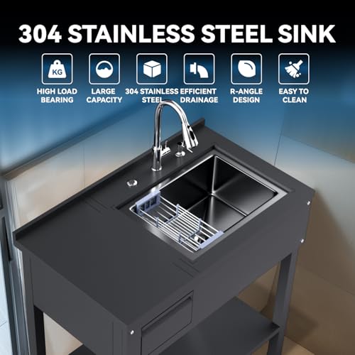 36" Stainless Steel Freestanding Utility Sink with Drawer, Laundry&Utility Room Sinks, Upgrades Faucet, Hoses and Drain Kit