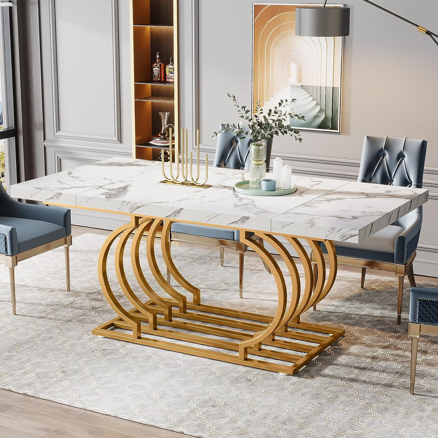 Tribesigns 63 inch Gold Dining Table, Rectangular Elegant Dinner Room Table Kitchen Table for 6-8 People Seats,Living Room, White & Gold