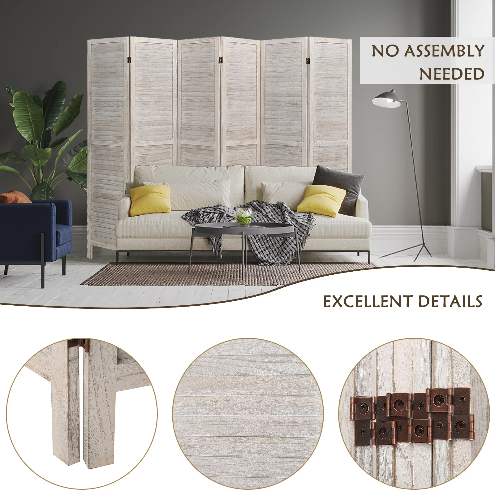 Fionafurn 6 Panel Louver-Design Wood Room Divider Folding Screen 5.6 Ft Tall (white)