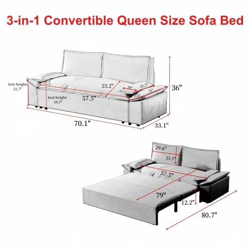 70.1" Futon Sofa Bed Queen Size, Pull Out Bed, 3-in-1 Convertible Sleeper Sofa with 2 Soft Pillows, Modern Velvet Futon Couch for Living Room