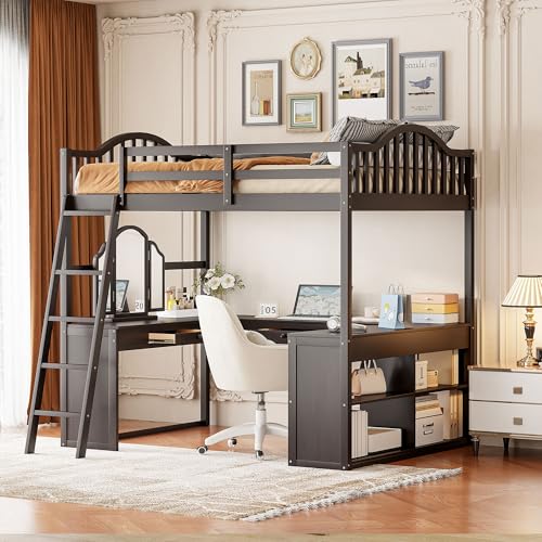 Harper & Bright Designs Full Size Loft Bed with Desk, Storage Shelves and Drawers, Solid Wood Loft Bed Frame with Built-in Wardrobe, Walnut