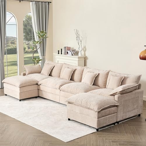 108" U Shaped Couch, Modular Sectional Sofa, 3-Seater Comfy Cloud Couch with Movable Ottoman, Deep Seat Couches for Living Room, Chenille, Black