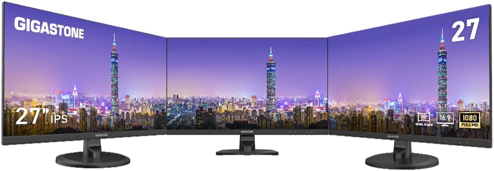 Gigastone 27 inch IPS LED Back Light Monitor 3-Pack 75Hz FHD 1920 x 1080, 178° Wide View Frameless, Triple Monitor, 5ms, Built-in Speakers