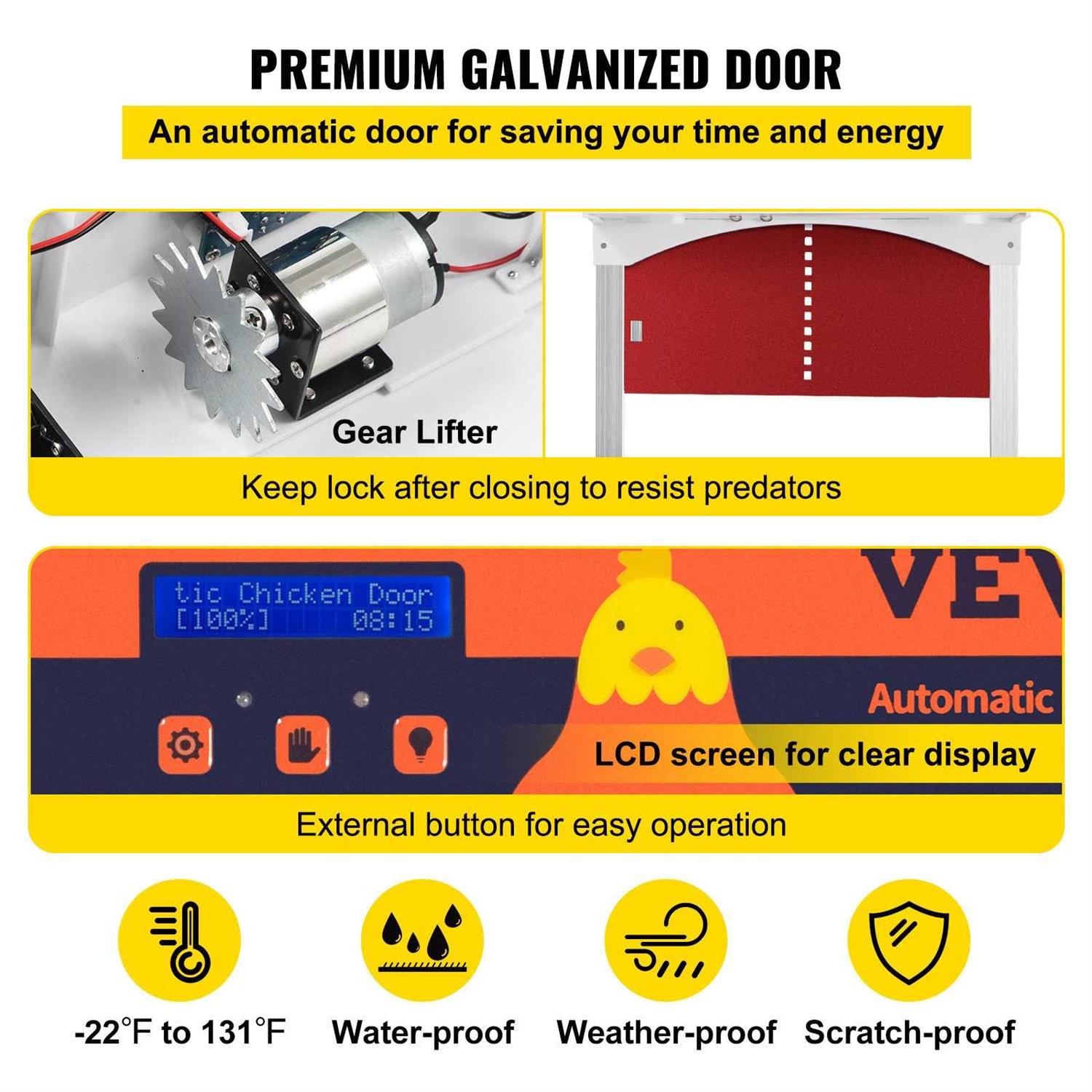 VEVOR Automatic Chicken Coop Door Chicken Door with Timer and Light Sensor Battery Powered Auto Door Opener of Full Aluminum Predator-Proof