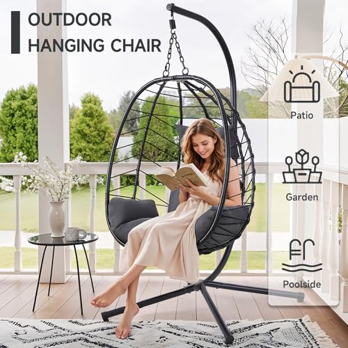 Hanging Egg Chair with Stand, Outdoor Indoor Egg Swing Chair with Cushion Headrest, Wicker Rattan Egg Chair with Dual Chains