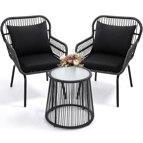 3 Piece Rattan Wicker Bistro Set, Outdoor Conversation Furniture Set with Glass Top Table, Space Saving for Balcony, Backyard, Natural