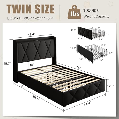 Queen Bed Frame with 4 Storage Drawers and Charging Station, Upholstered Platform Bed Frame with Storage Headboard, No Box Spring Needed