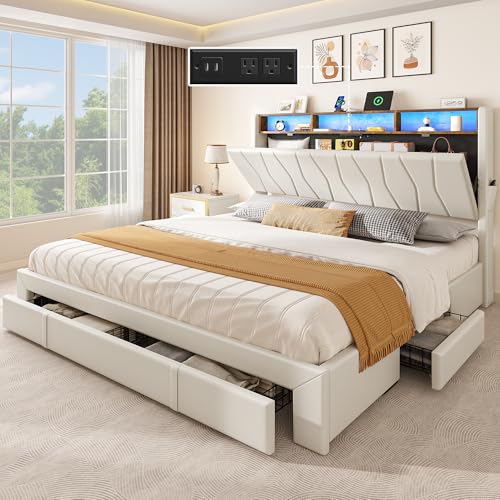 YITAHOME Queen Size Bed Frame, Storage Bed Frame with 4 Drawers & LED Light, Platform Bed with Storage Upholstered Headboard and Charging Station