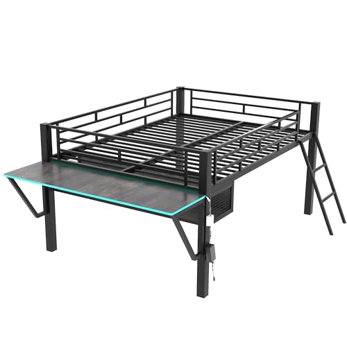 Gaming Bed with Desk,Wardrobe,Ample Storage Space,and RGB LED Light, Full Size Wood Loft Bed for Kids Bedroom (Cloud Blue/K)