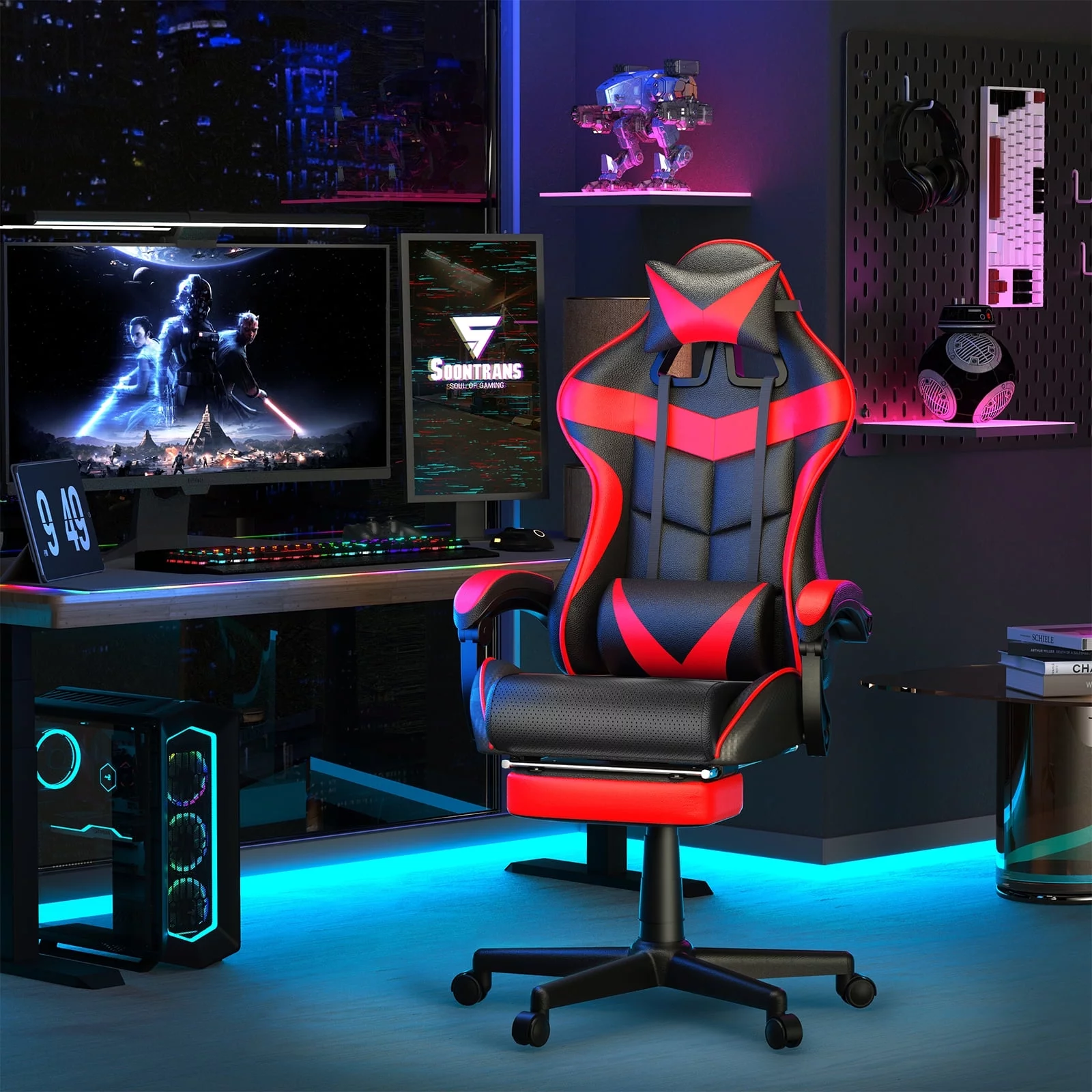 Soontrans Gaming Office Chair with Footrest, Ergonomic Leather Massage Game Chair with Lumbar Support & Headrest, Red