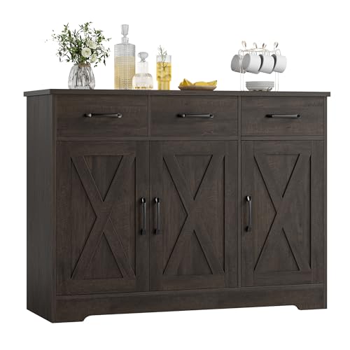 HOSTACK Modern Farmhouse Sideboard Buffet Cabinet, Barn Doors Buffet Storage Cabinet with Drawers and Shelves
