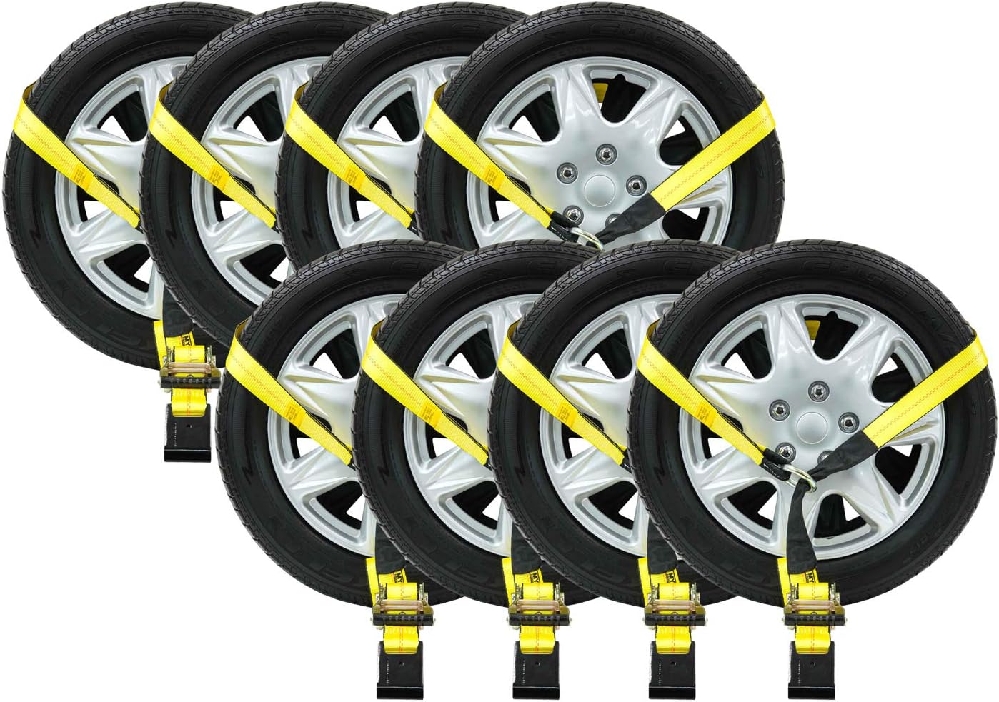 Mytee Products (4 Pack 2 x 14' Car Tie Down Lasso Ratchet Strap with Flat Hook - Tire Straps for Car Trailer - Wheel Straps for Hauling Cars
